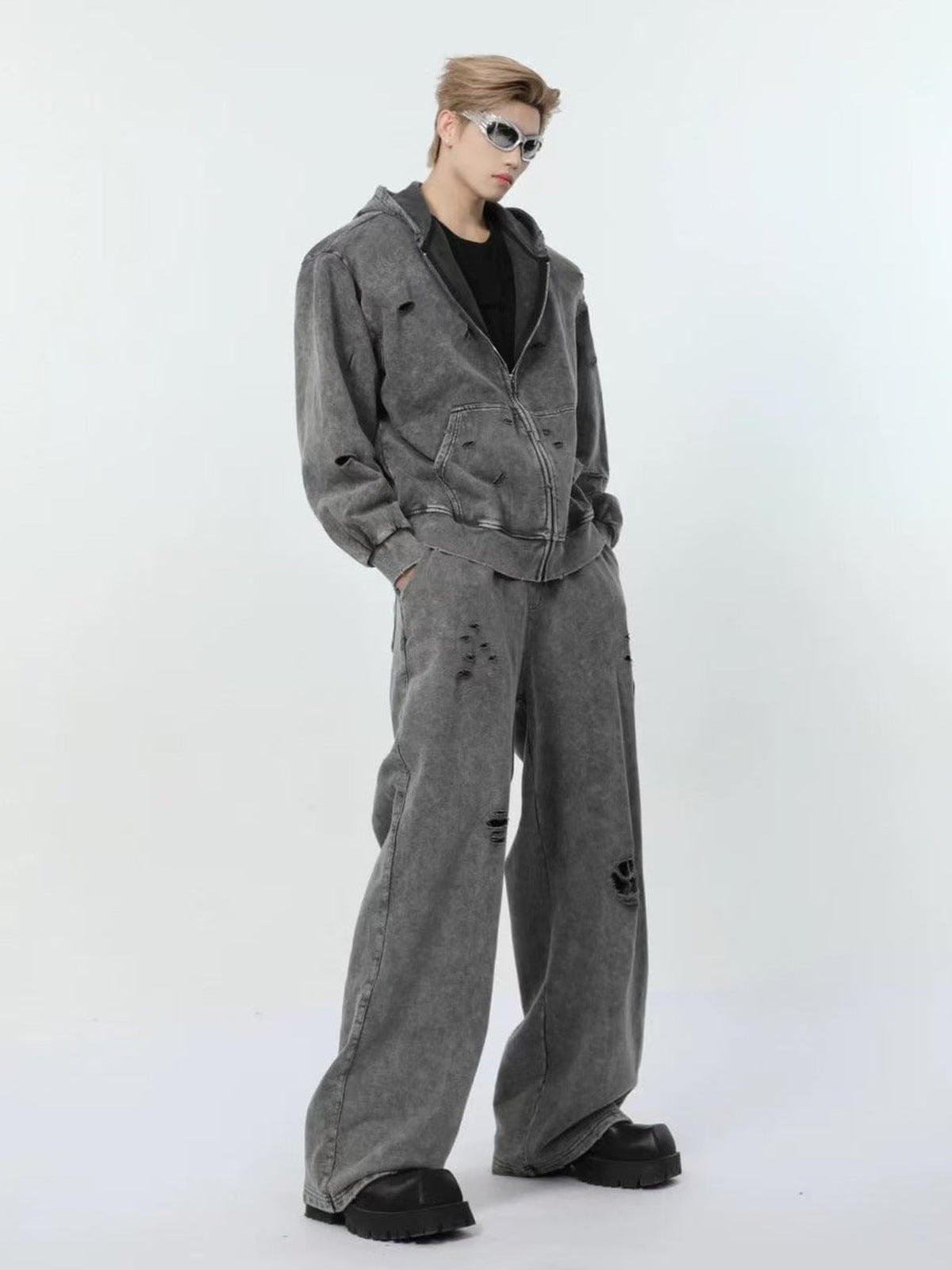 Acid wash zip up hoodie – on model, full body | XoKool