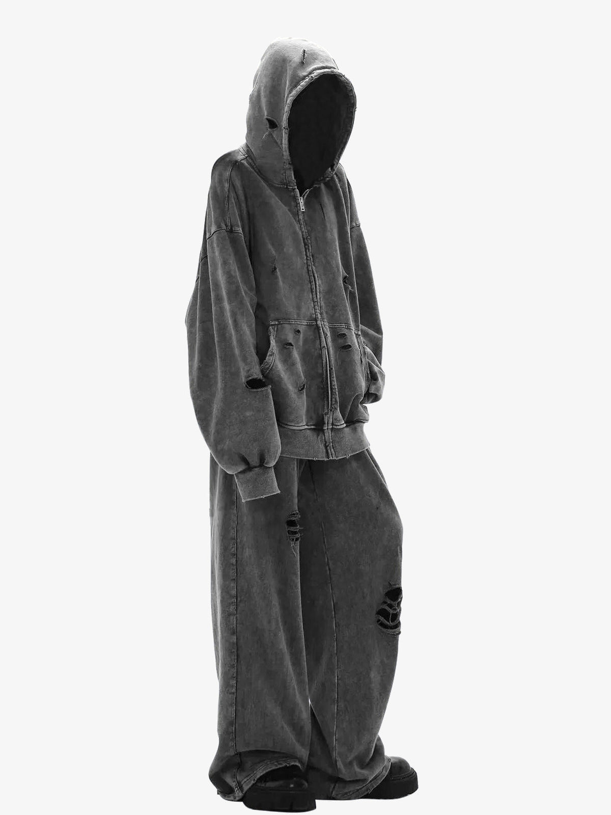 Acid Wash Grey Distressed Zip Up Hoodie – on model, side | XoKool