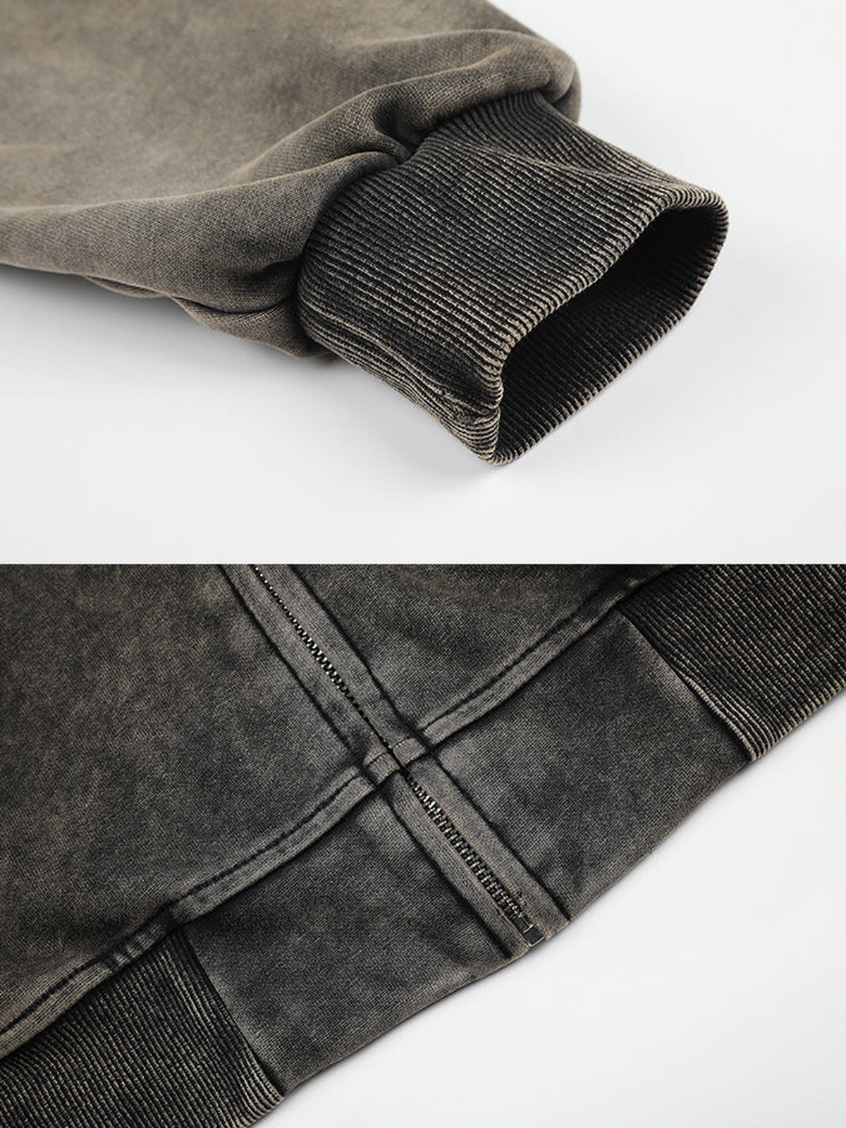 Acid Wash Zip Hoodie mit Pferde-Print – Detail von Bündchen und Rückennaht | XoKool