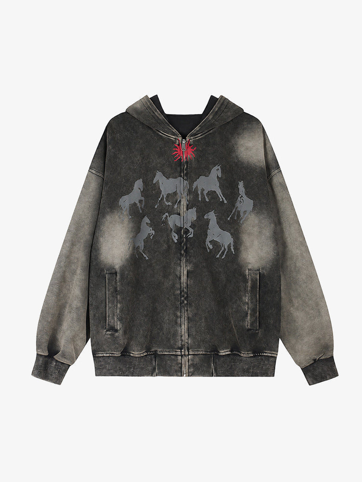 Hoodie acid wash con cierre y estampado de caballo – vista frontal | XoKool