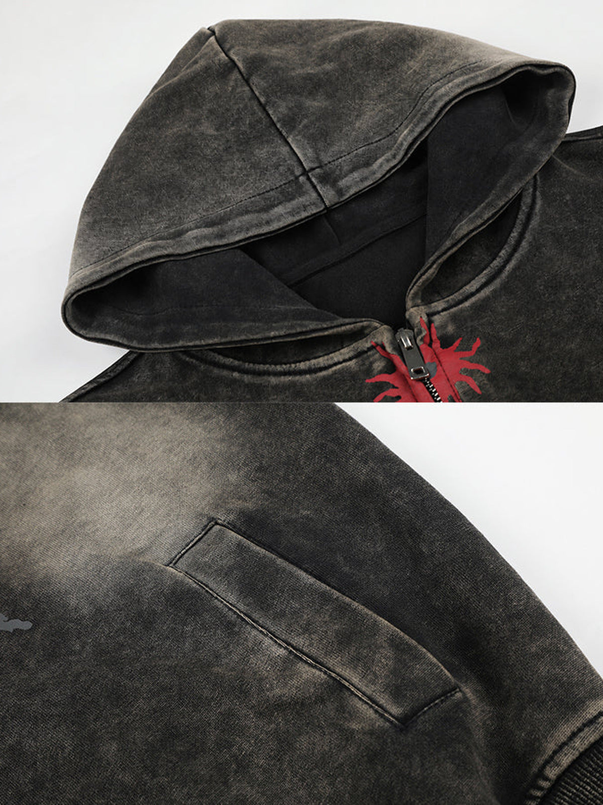 Acid Wash Zip Hoodie mit Pferde-Print – Nahaufnahme von Kapuze und Tasche | XoKool