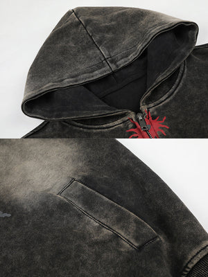 Acid Wash Zip Hoodie mit Pferde-Print – Nahaufnahme von Kapuze und Tasche | XoKool