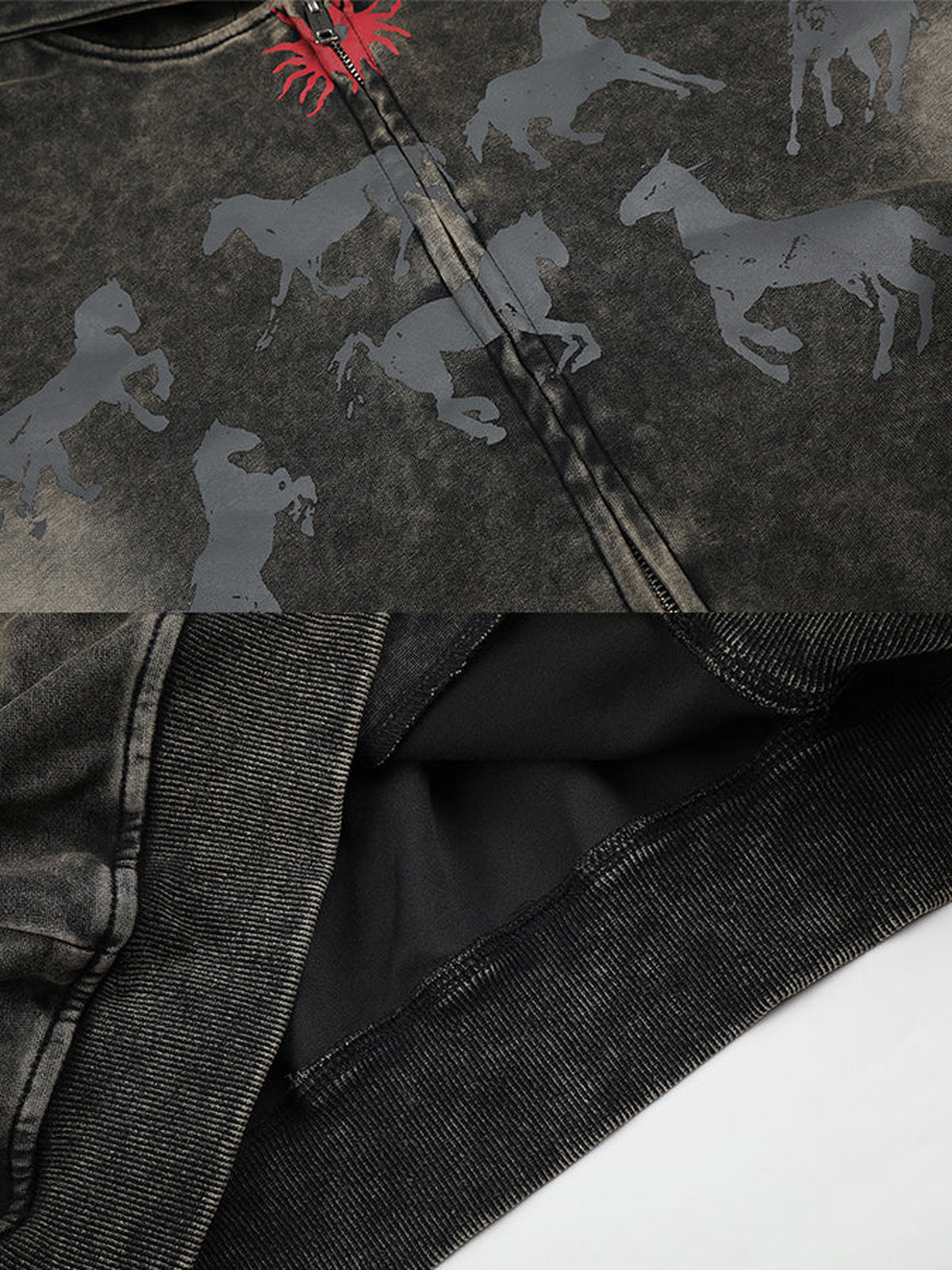 Zip Hoodie mit Pferde-Print – Nahaufnahme von Pferde-Print und Saum innen | XoKool