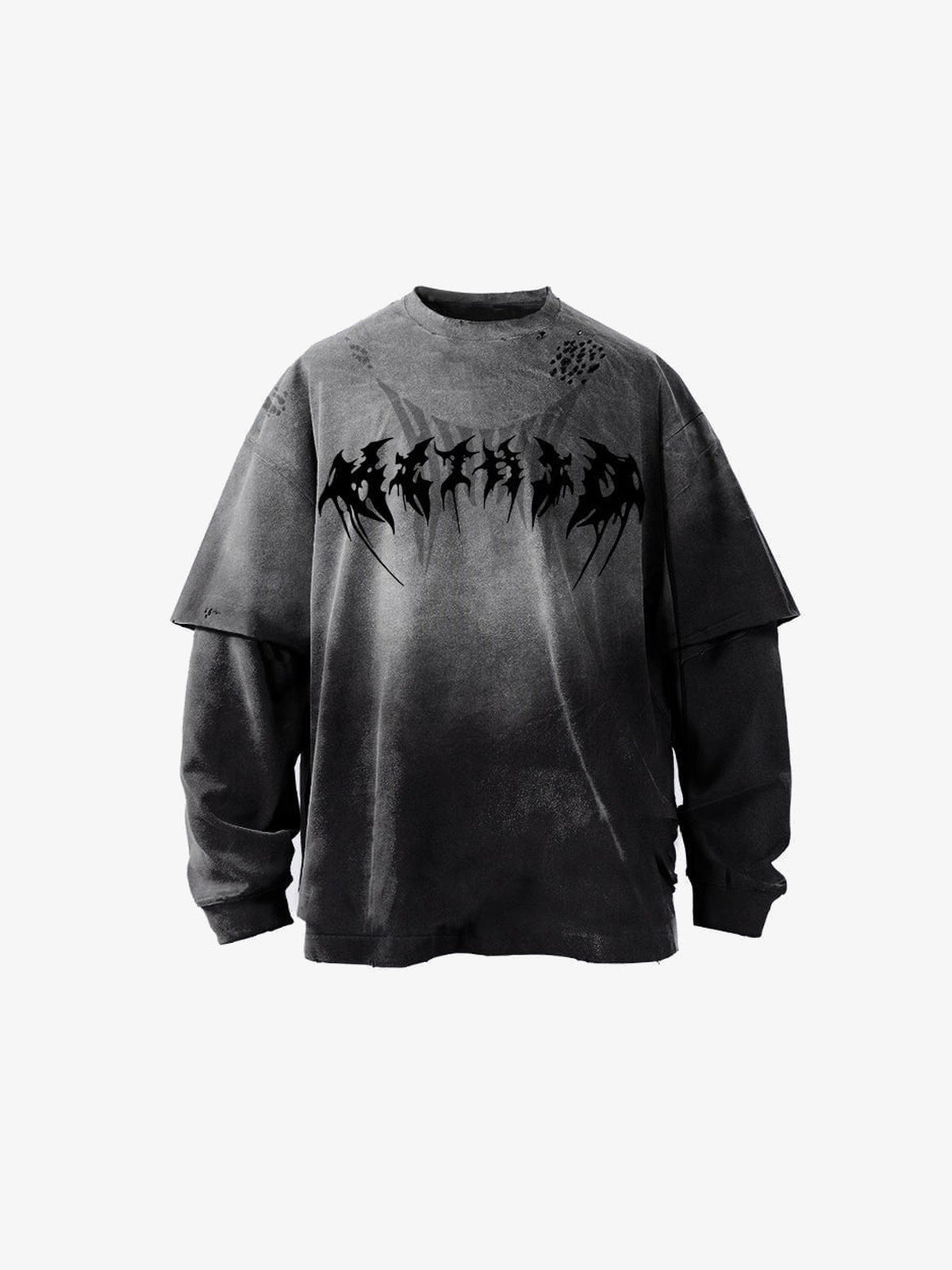 Acid Wash Layered Metal Font Long Sleeve Tee – Black, front flat | XoKool