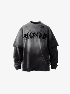 Acid Wash Layered Metal Font Long Sleeve Tee – Black, front flat | XoKool