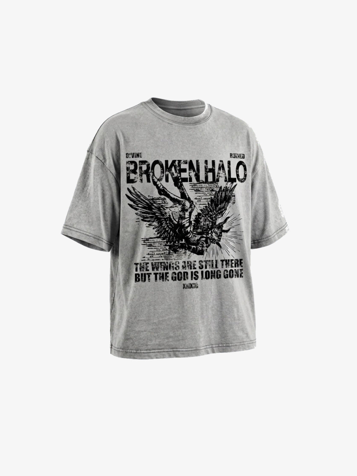 Acid Wash Oversized Tee with Fallen Angel Graphic – Grey, front angle view | XoKool