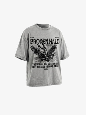 Acid Wash Oversized Tee with Fallen Angel Graphic – Grey, front angle view | XoKool
