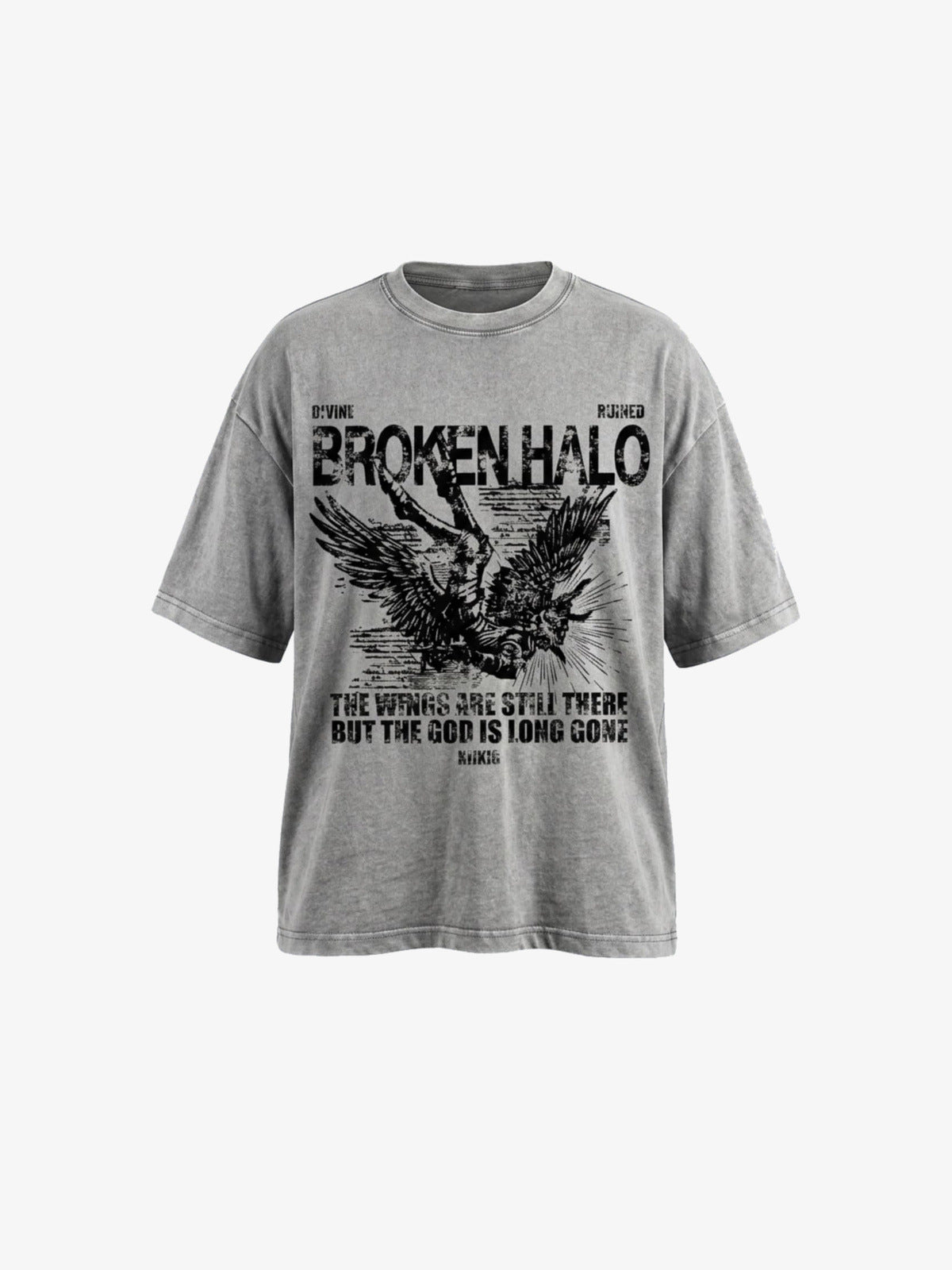 Acid Wash Oversized Tee with Fallen Angel Graphic – Grey, front view | XoKool