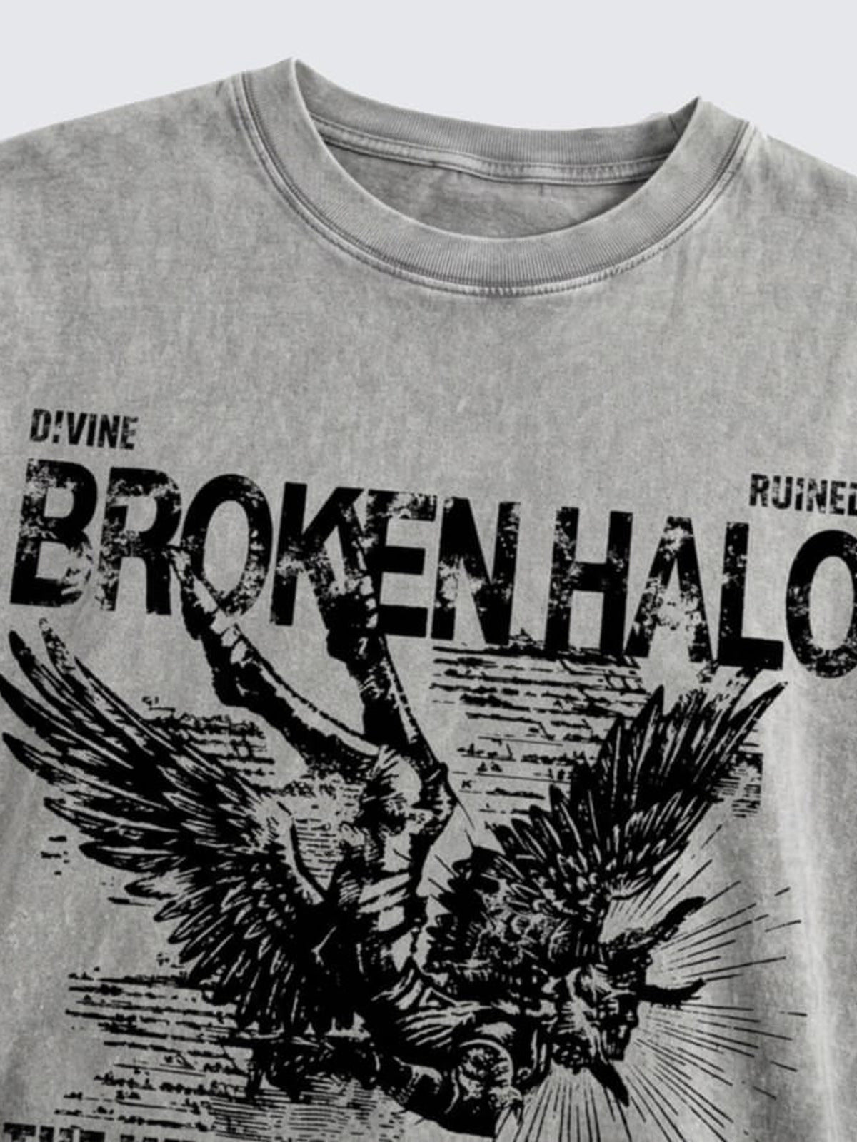Acid Wash Oversized Tee with Fallen Angel Graphic – print and collar close-up | XoKool