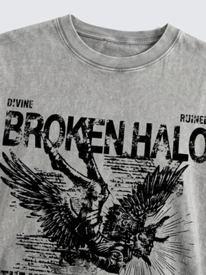 Acid Wash Oversized Tee with Fallen Angel Graphic – print and collar close-up | XoKool