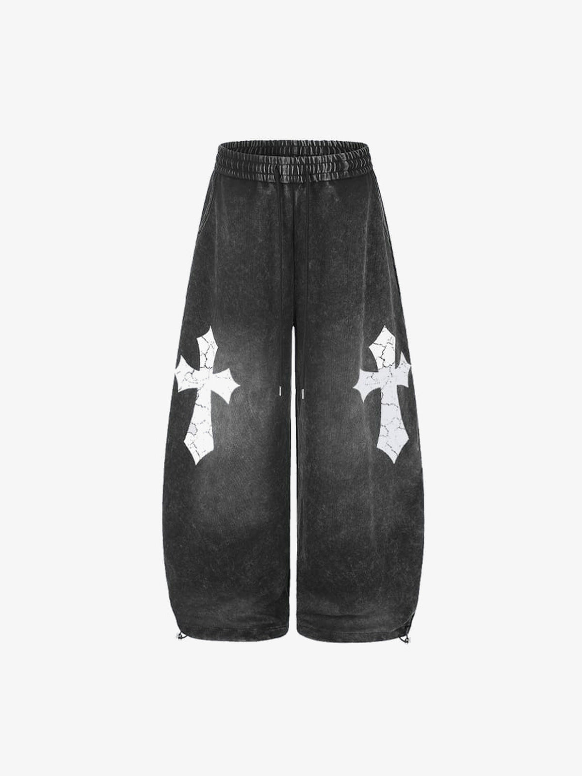 Acid Wash Jogginghose mit Kreuz-Print – Schwarz, Vorderseite flach | XoKool