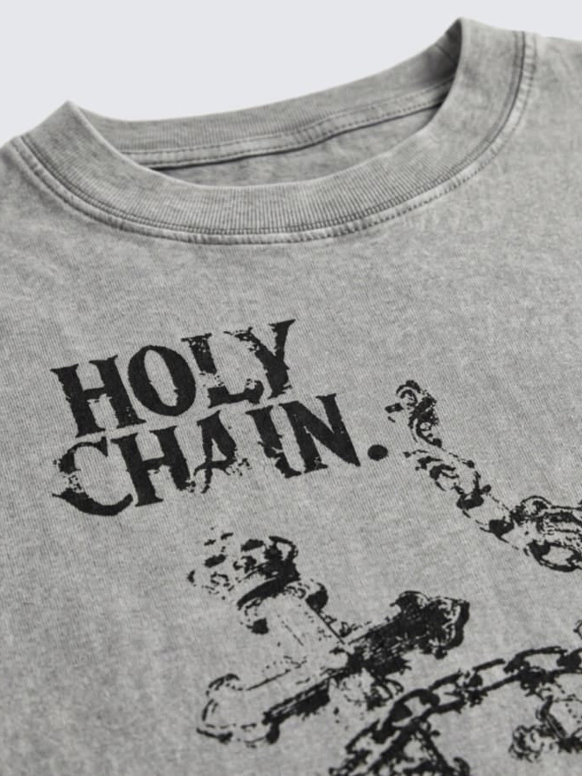 Acid Wash T Shirt with Chain and Cross Print – collar and print close-up | XoKool