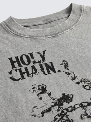 Acid Wash T Shirt with Chain and Cross Print – collar and print close-up | XoKool