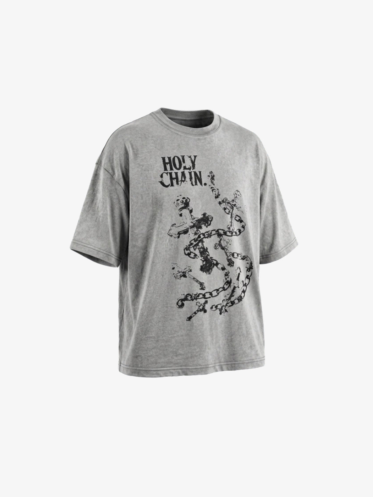 Acid Wash T Shirt with Chain and Cross Print – front, angle | XoKool