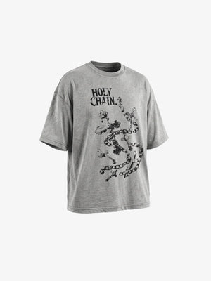 Acid Wash T Shirt with Chain and Cross Print – front, angle | XoKool