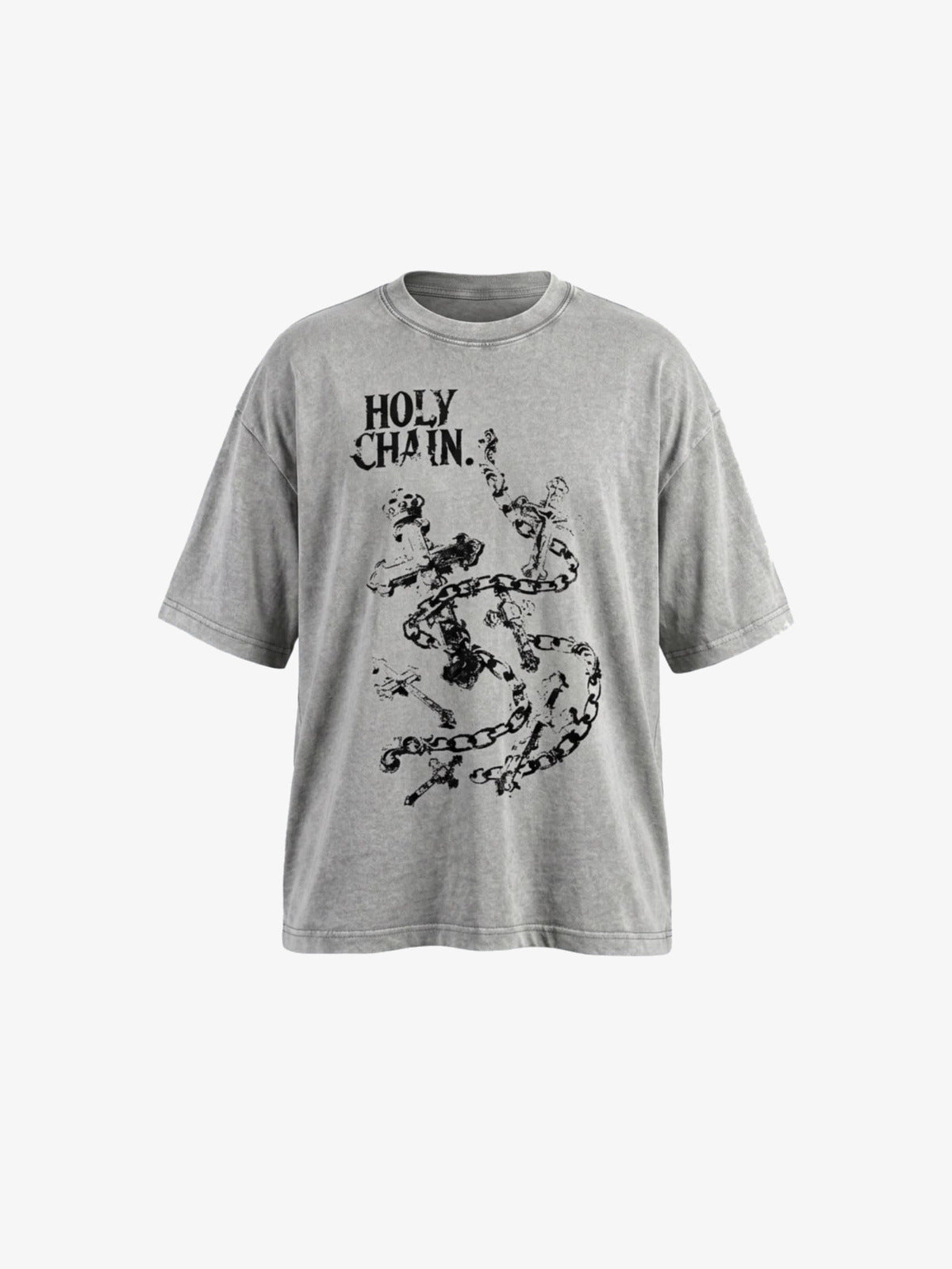 Acid Wash T Shirt with Chain and Cross Print – front, flat | XoKool