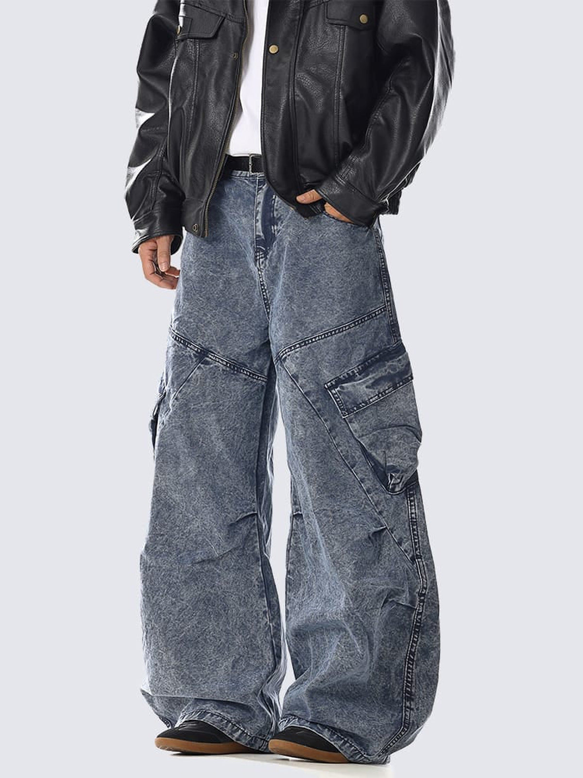 Acid Wash Wide Leg Cargo Jeans – on model, front angle | XoKool