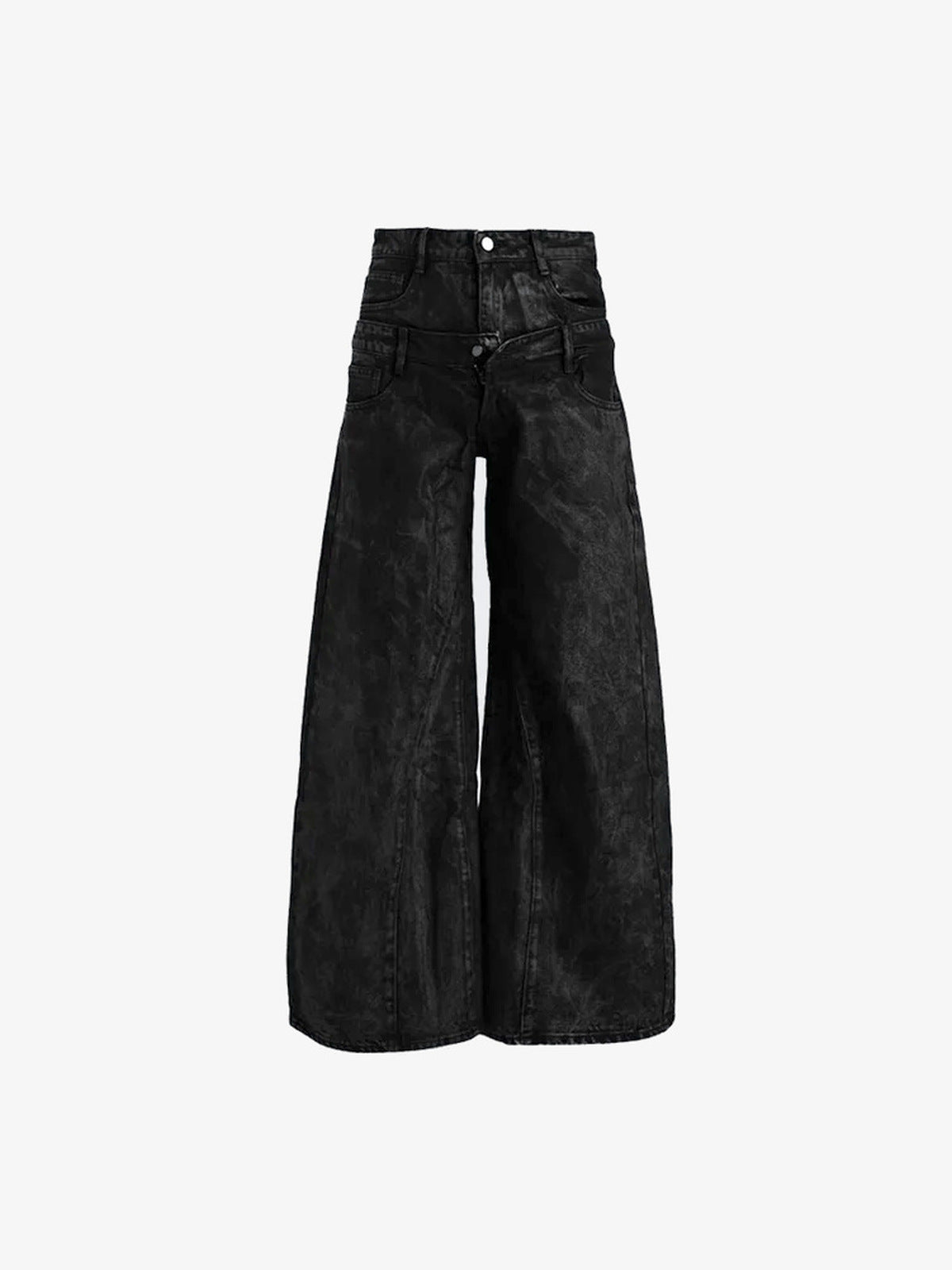 Acid Wash Wide Leg Jeans – Schwarz, Vorderseite flach | XoKool