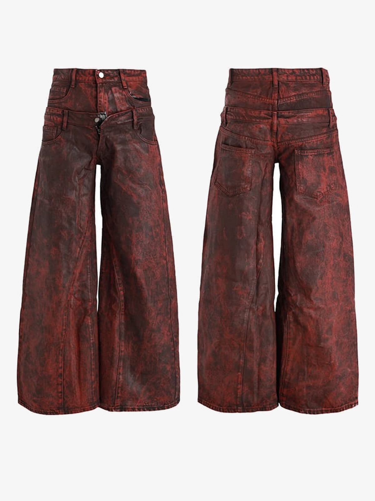 Acid Wash Wide Leg Jeans – Burgunderrot, Vorder- und Rückseite | XoKool