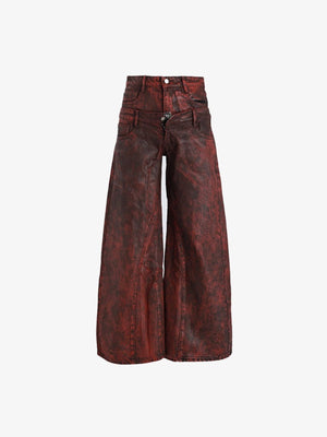 Acid Wash Wide Leg Jeans mit doppeltem Bund – Burgunderrot, Vorderseite flach | XoKool