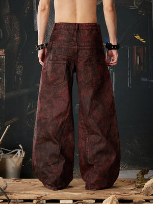 Acid Wash Wide Leg Jeans – Burgunderrot am Model, Rückansicht | XoKool