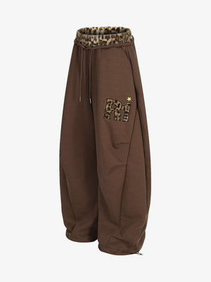 Retro Double-Waist Leopard Patch Barrel Pants - thumbnail 7