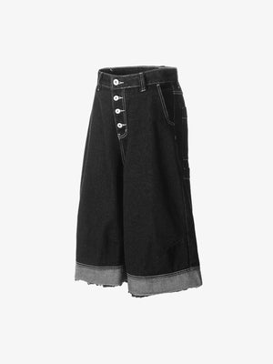 Long Black Jorts with Cuffed Frayed Hem – Black, angled front view | XoKool