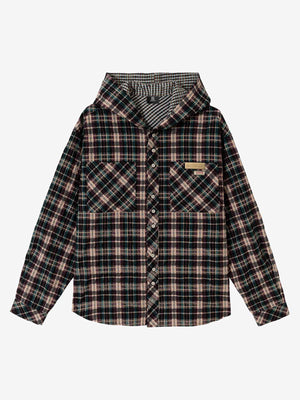 Retro Plaid Patchwork Hooded Work Shirt - thumbnail 4