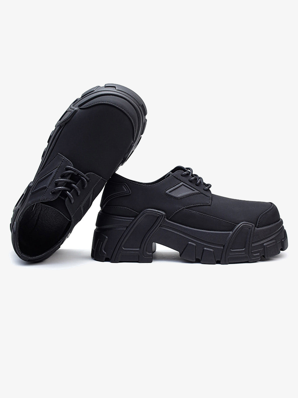 All Black Chunky Platform Shoes with Lug Sole – pair, one tilted showing sole | XoKool
