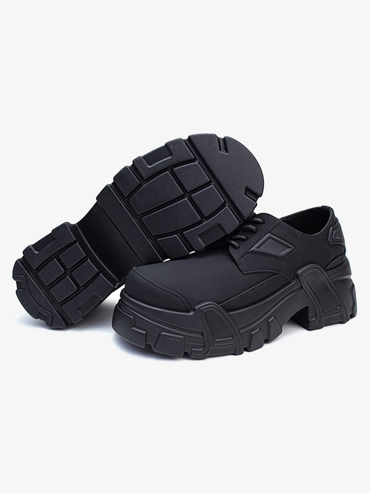 Zapatos chunky con plataforma y suela con tacos, todo negro – dibujo de la suela con tacos + lateral | XoKool