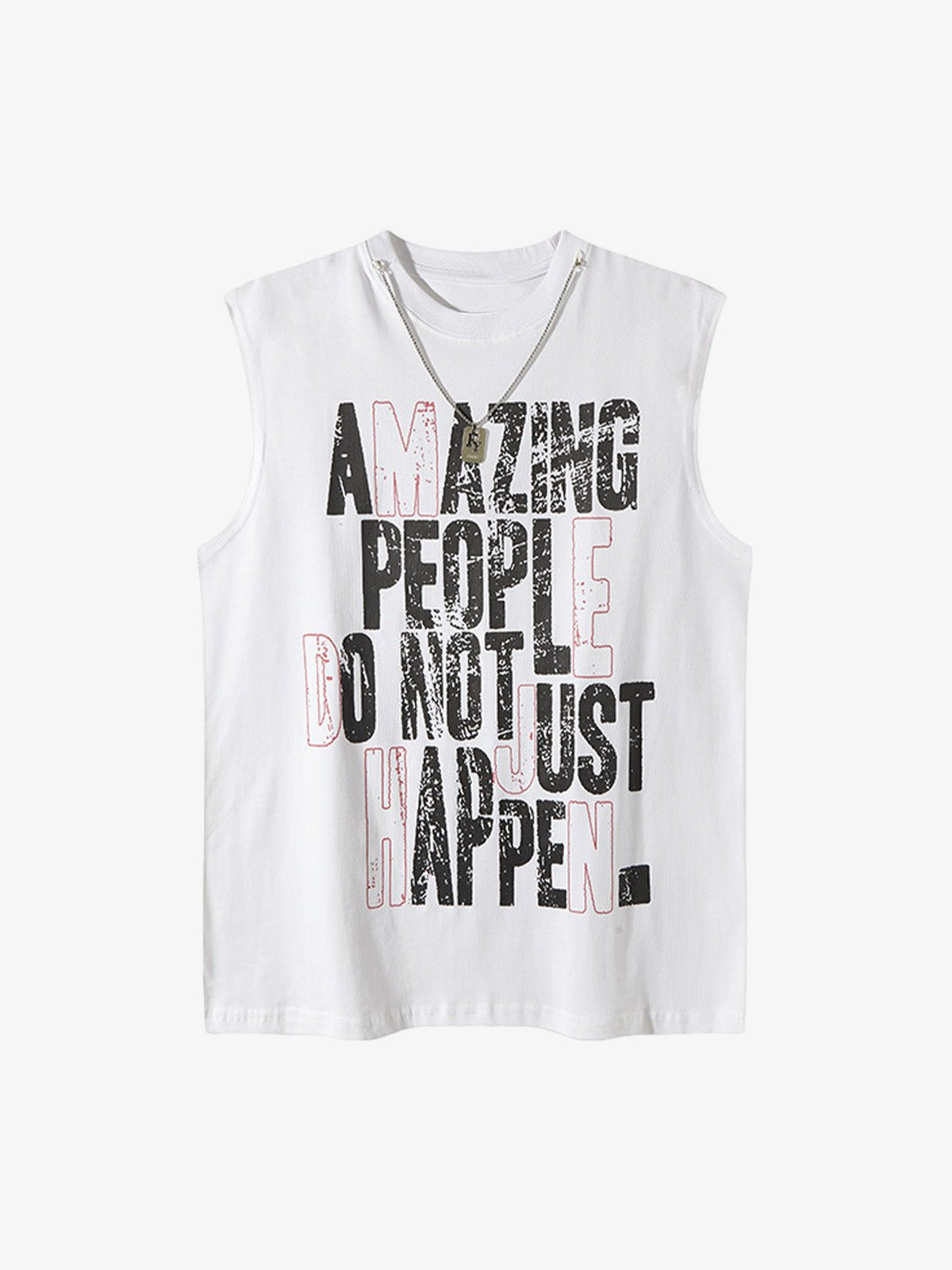 Ärmelloses Graphic T-Shirt mit Slogan und Dog Tag – Weiß, Vorderansicht | XoKool