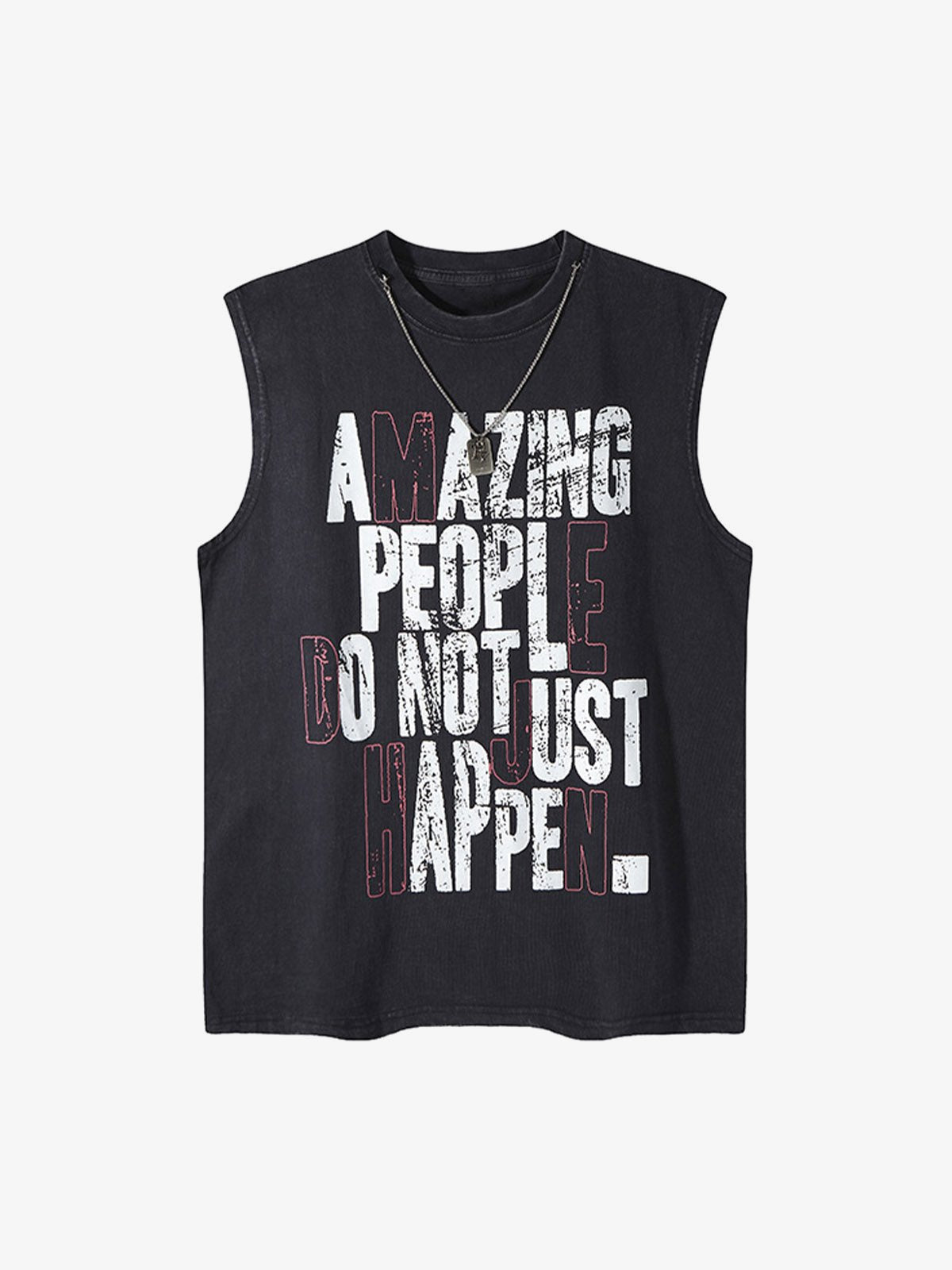 Ärmelloses Graphic T-Shirt mit Slogan und Dog Tag – Schwarz, Vorderansicht | XoKool