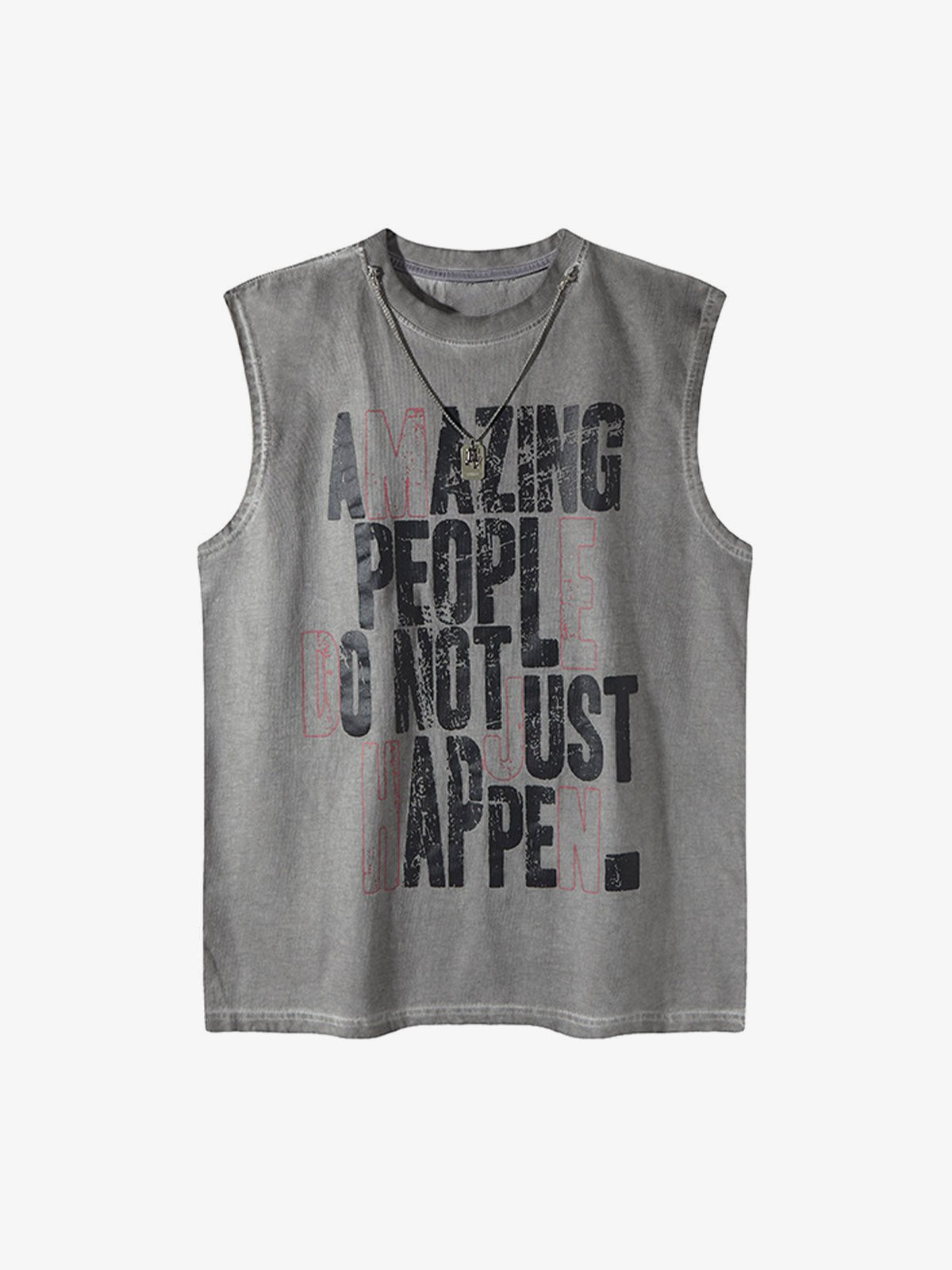 Ärmelloses Graphic T-Shirt mit Slogan und Dog Tag – Grau, Vorderansicht | XoKool