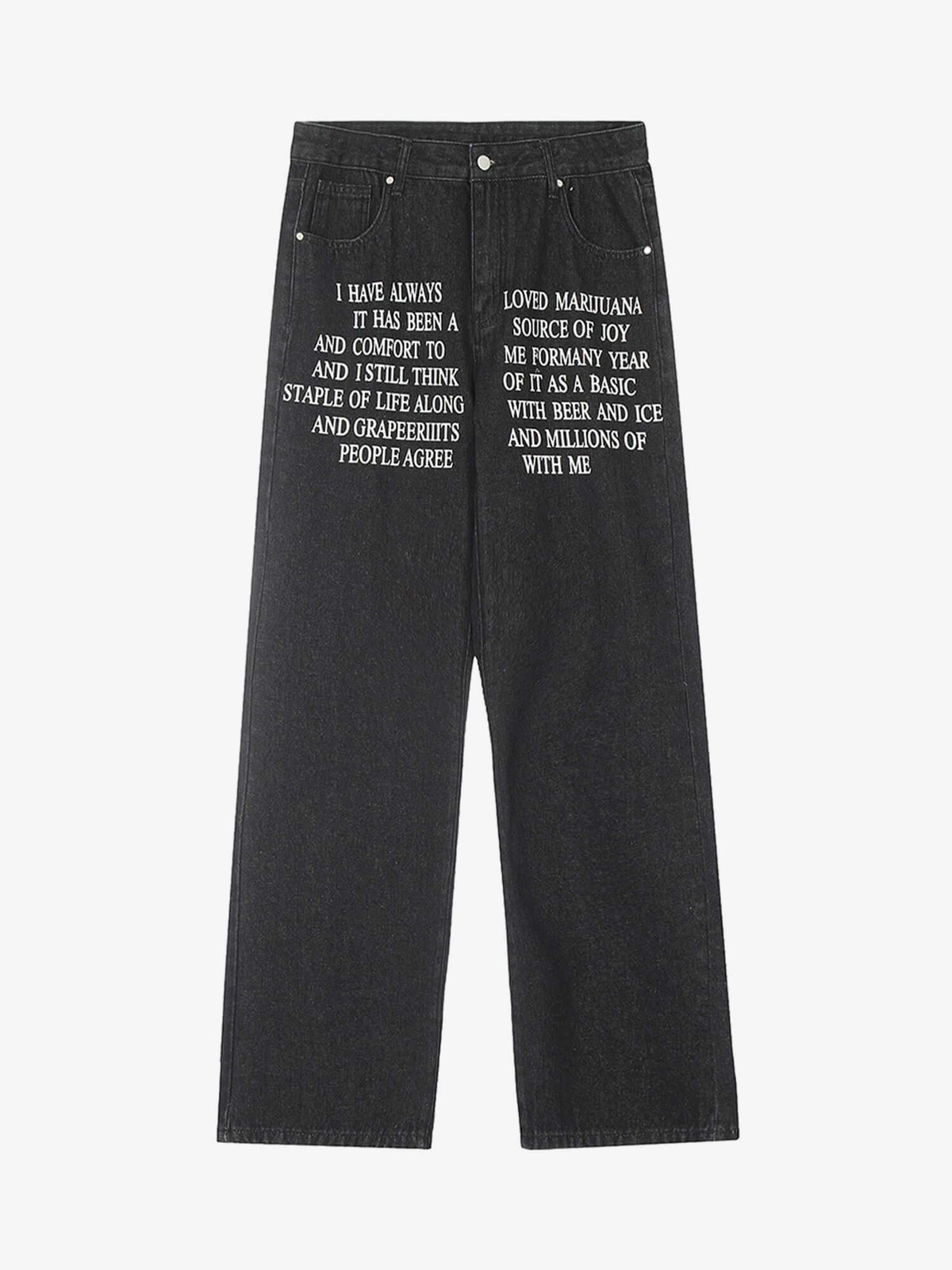 Slogan-Print Jeans – Schwarz, Vorderansicht flach | XoKool