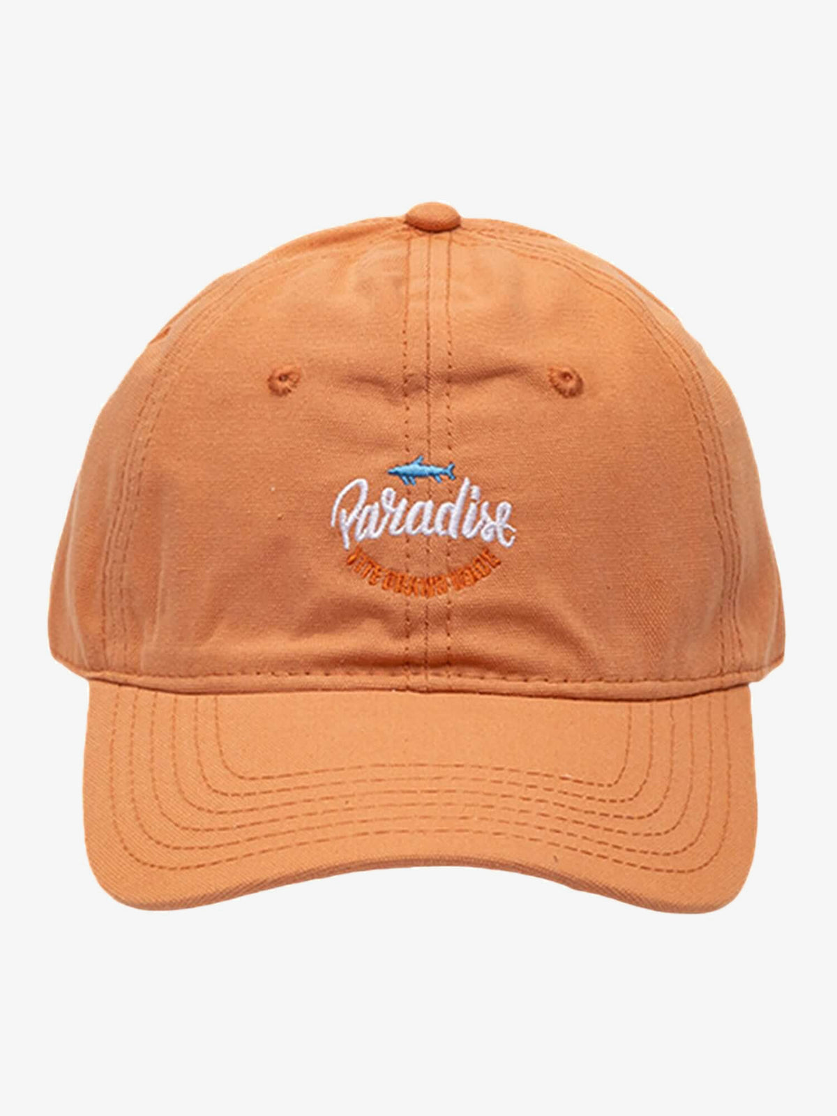Gorra dad hat bordada Paradise con detalle de pez – Naranja, vista frontal | XoKool