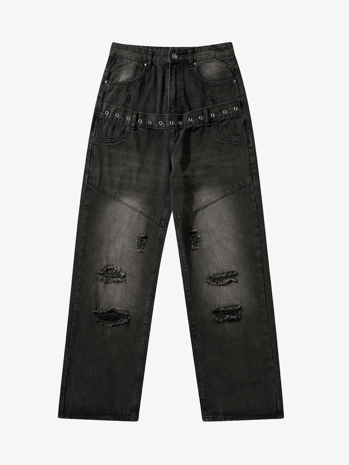 Washed Black Ripped Jeans with Grommet Strap – Washed Black, front view | XoKool