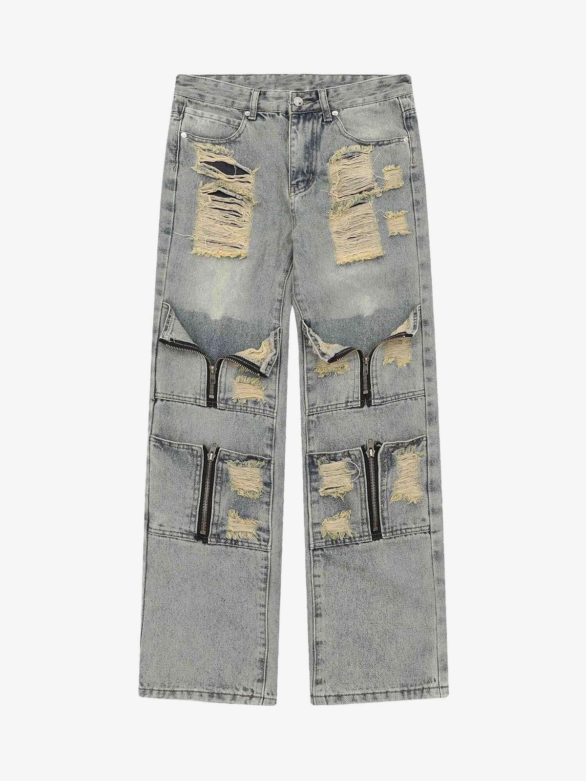 Light Wash Ripped Straight Jeans with Zip Panels – flat front | XoKool