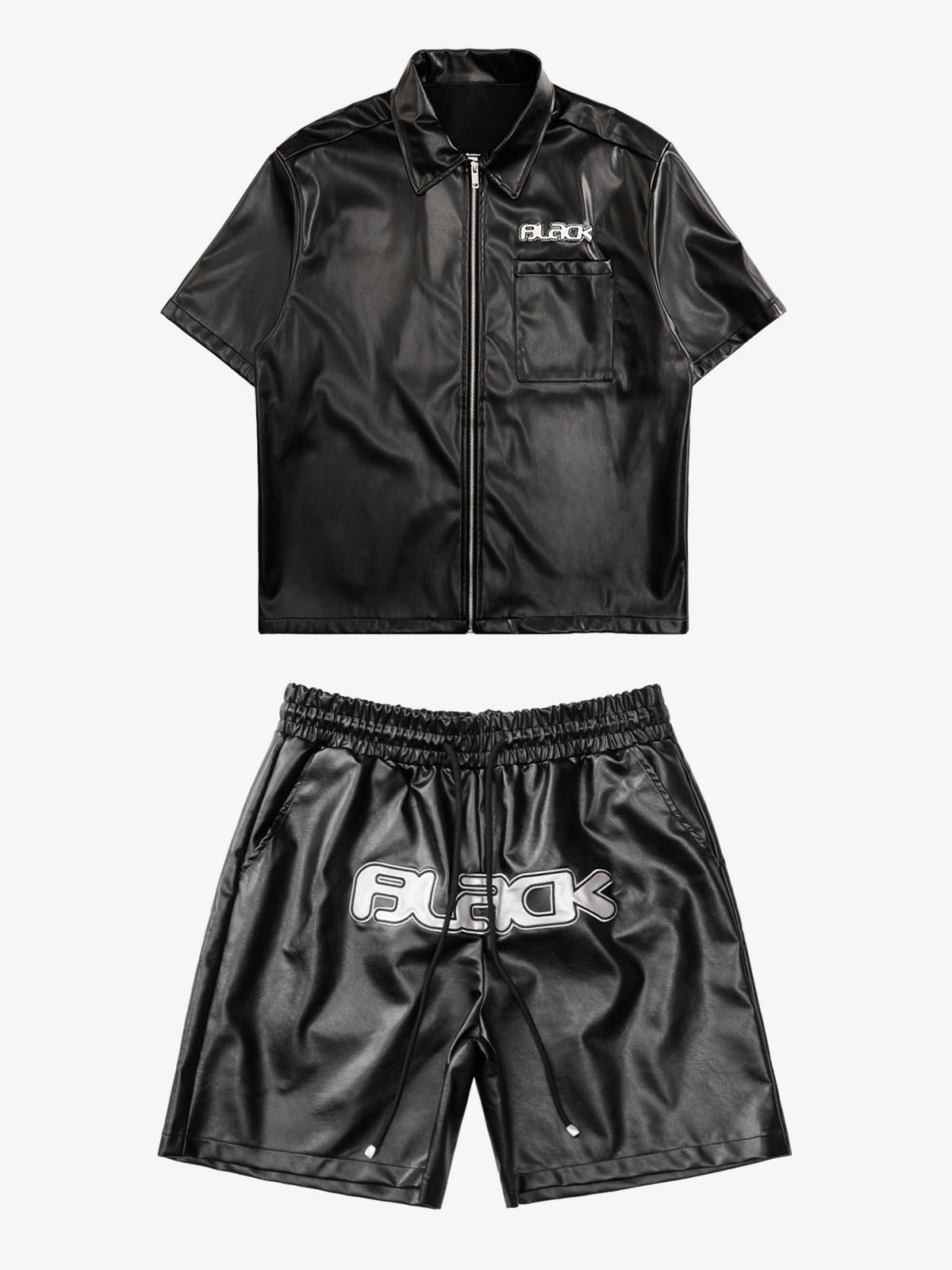 Faux Leather Shirt and Shorts Set in Black – Black set, flat front | XoKool