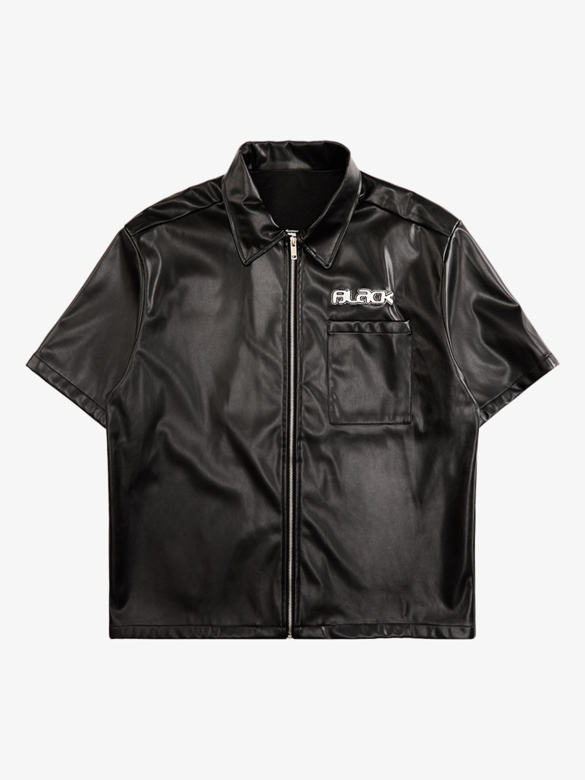 Faux Leather Shirt and Shorts Set in Black – Shirt, front view | XoKool