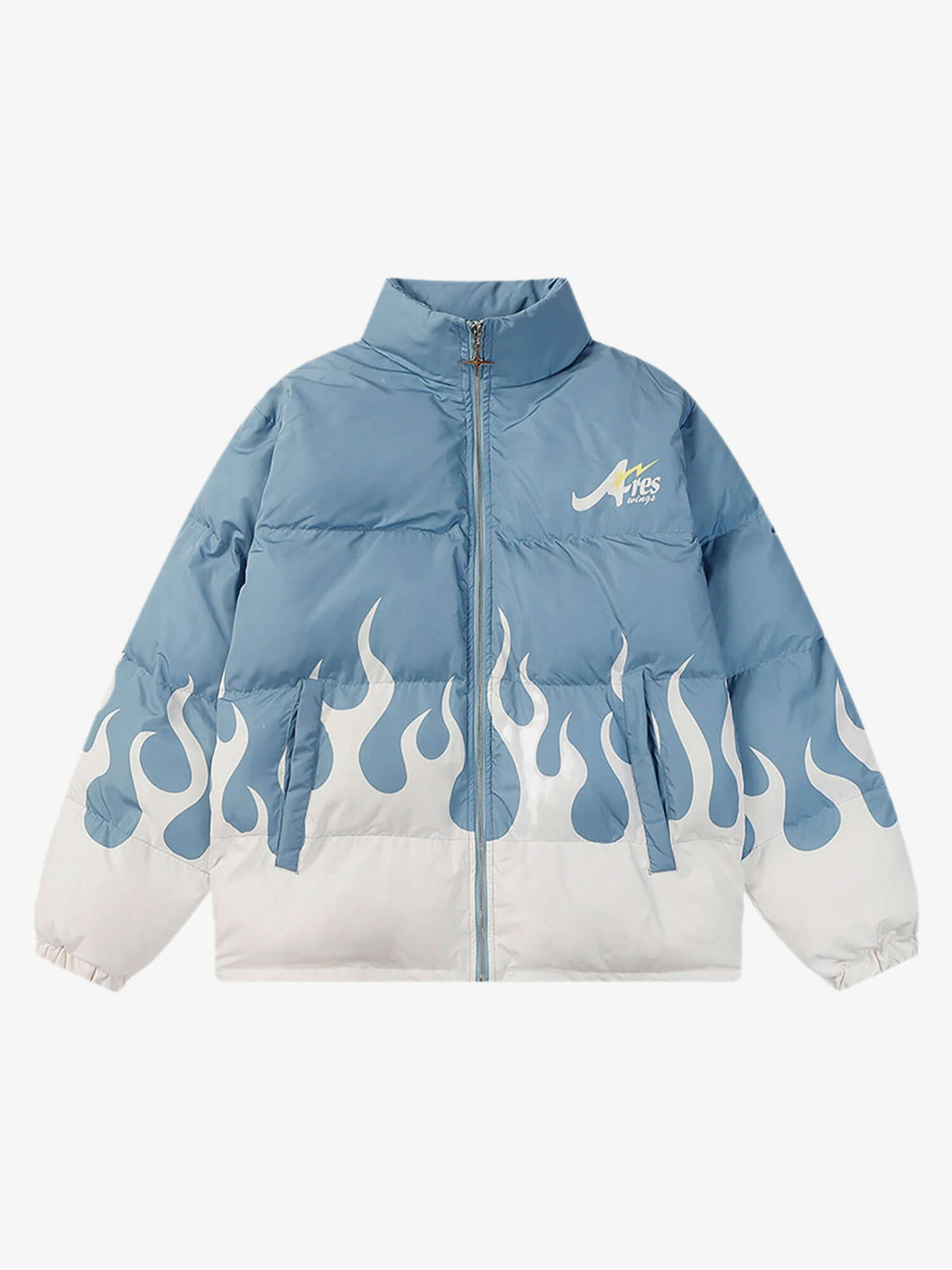 Flame Print Puffer Jacket – Blue, front | XoKool