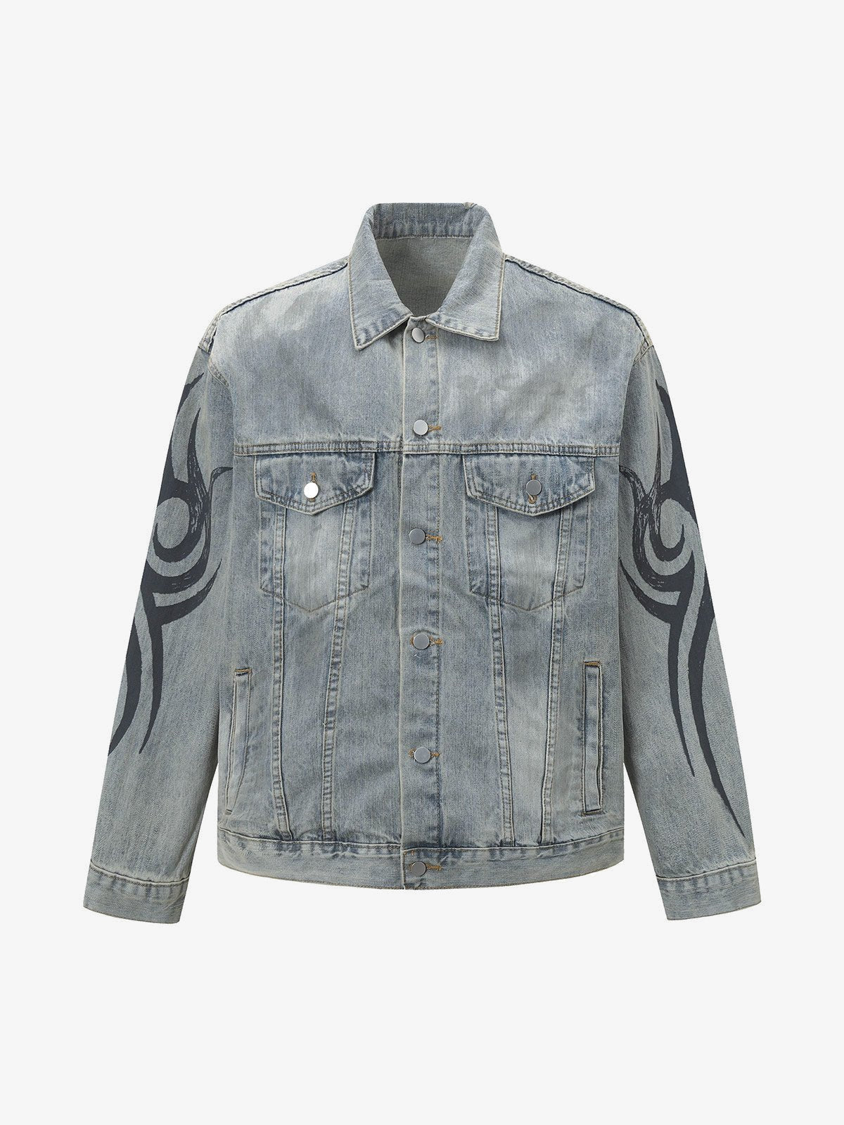 Light Wash Jeansjacke mit Tribal-Print – Vorderseite flach | XoKool