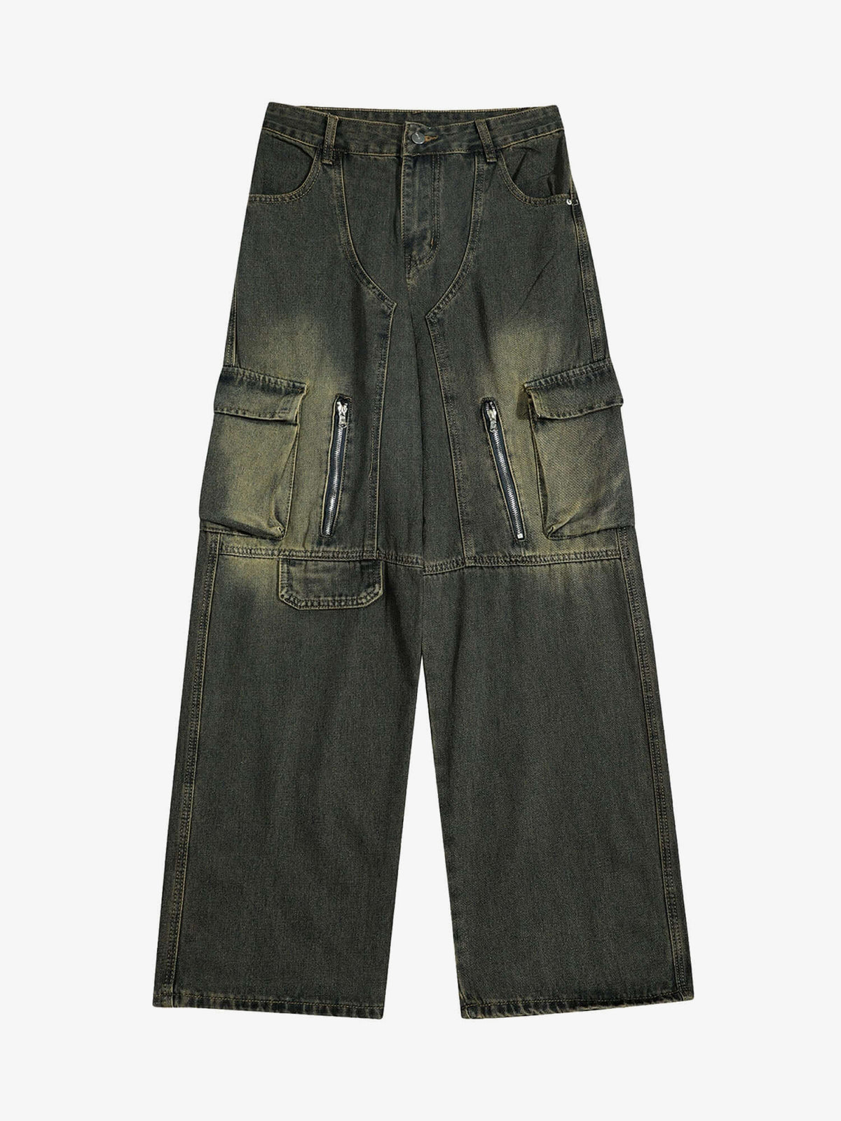 Olive Green Cargo Jeans with Zip Pockets – Olive wash, front flat | XoKool