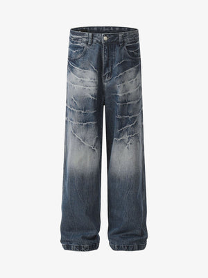 Loose Straight Leg Jeans with Crinkle Wash – Blue, front flat | XoKool
