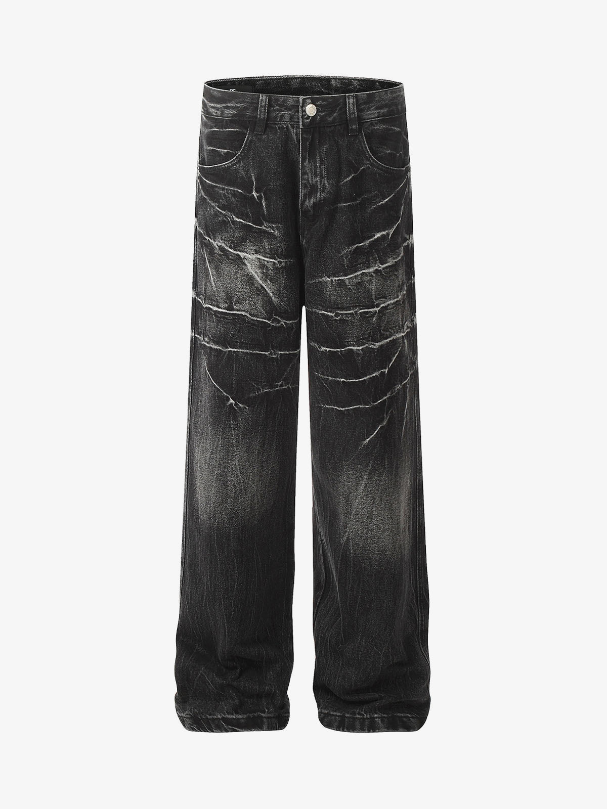 Loose Straight Leg Jeans with Crinkle Wash – Black, front flat | XoKool