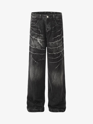 Loose Straight Leg Jeans with Crinkle Wash – Black, front flat | XoKool