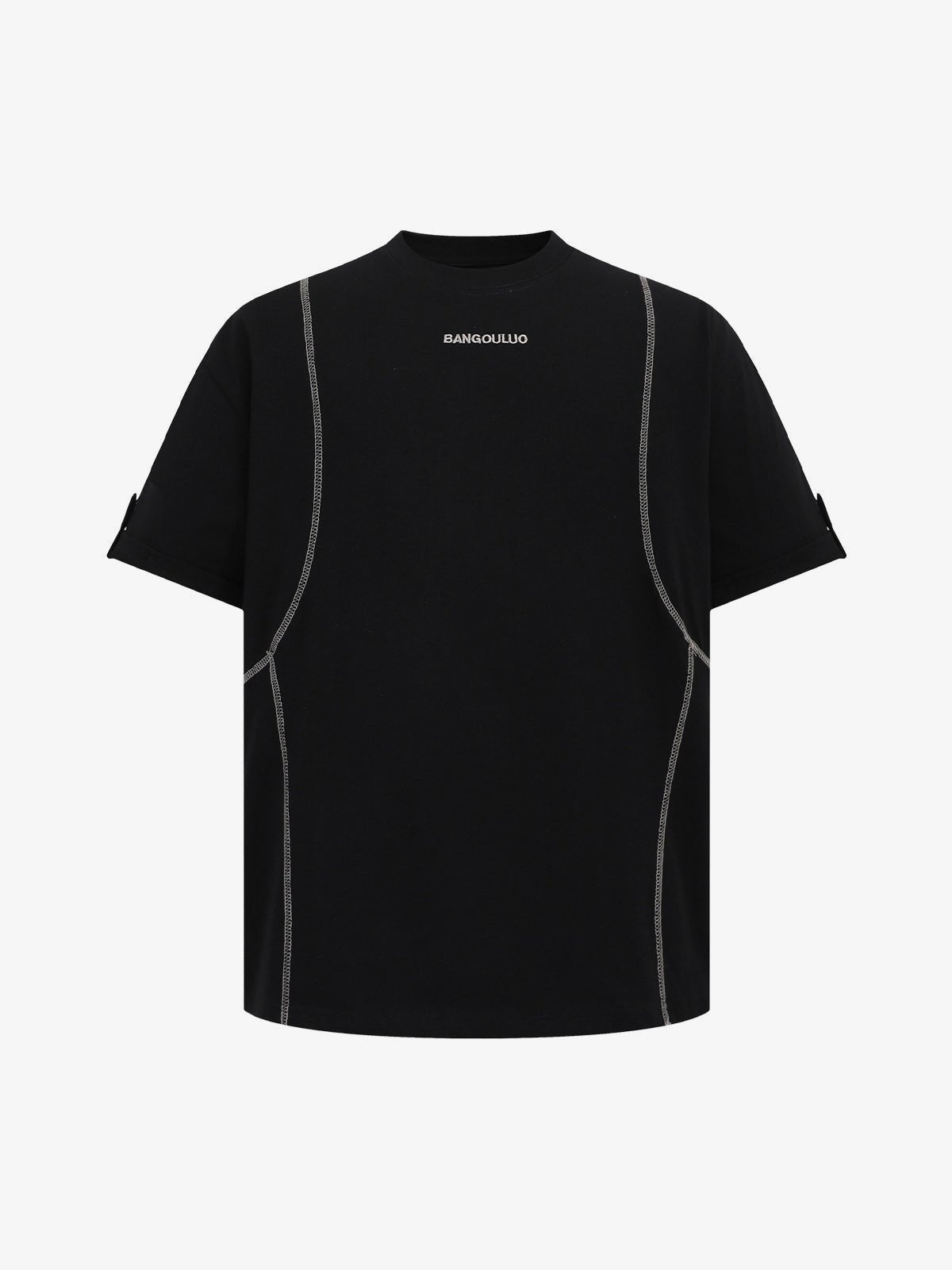 Boxy Tee with Contrast Stitch Seams and Button Cuffs – Black, front | XoKool