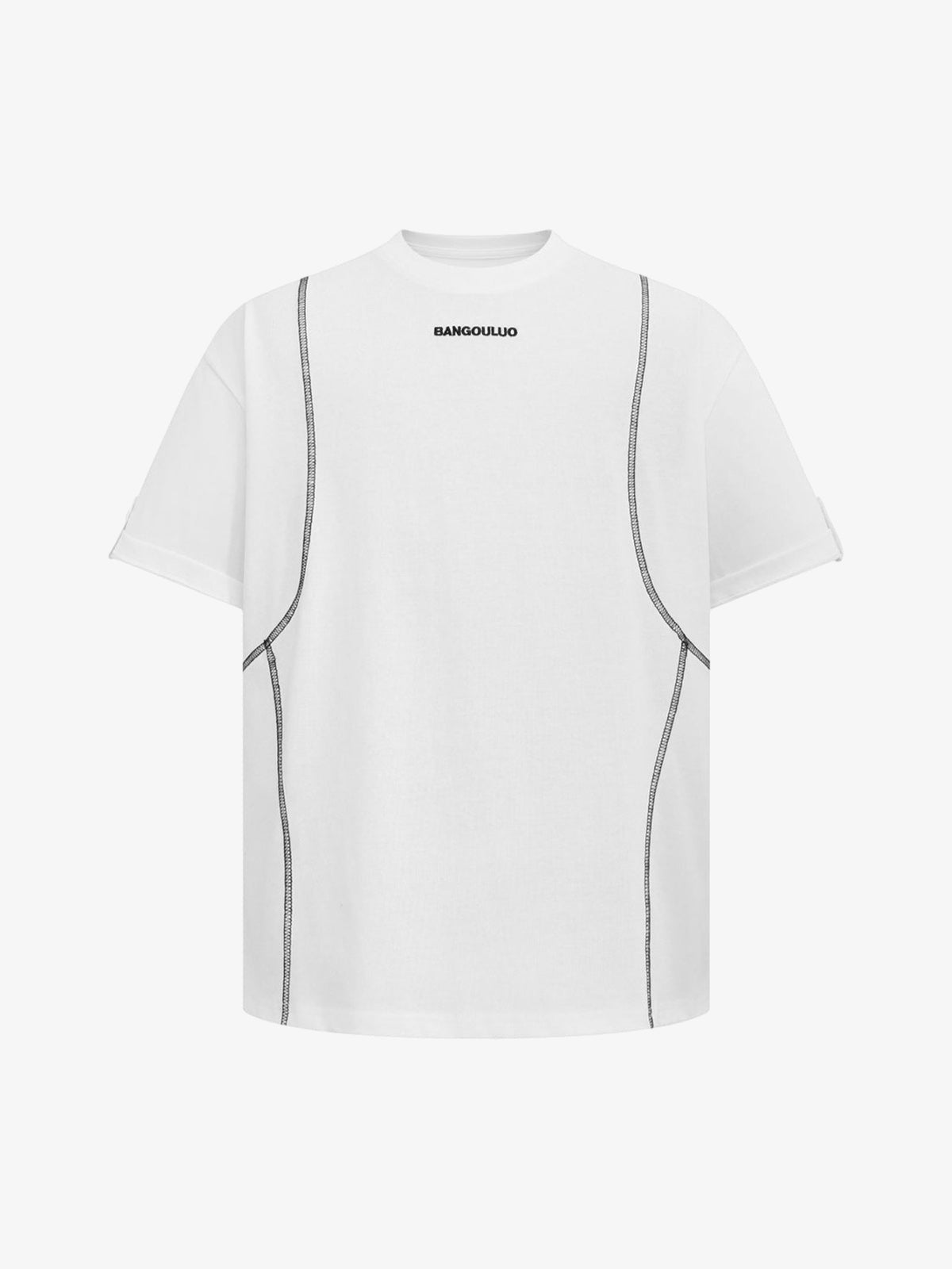 Boxy Tee with Contrast Stitch Seams and Button Cuffs – White, front | XoKool