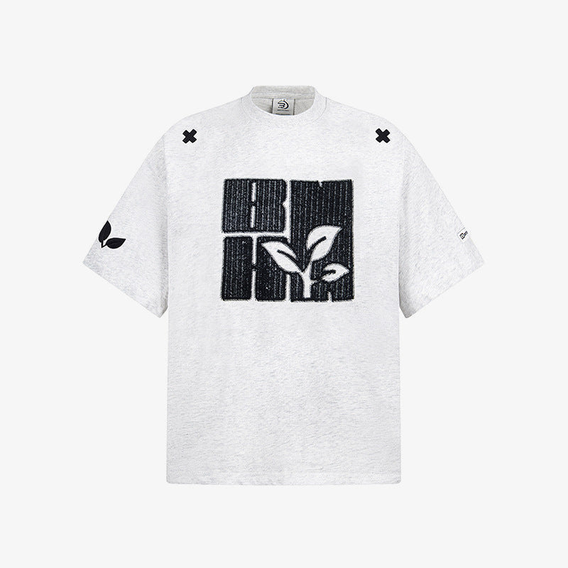 Leaf Sprout Embroidered Boxy T-Shirt – Grey, front view | XoKool