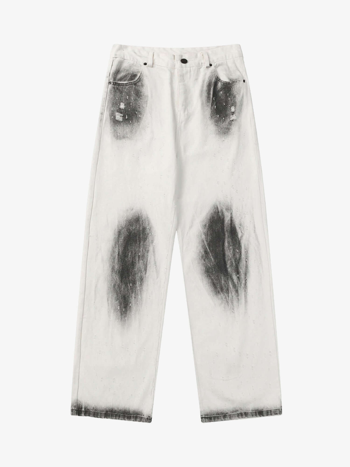 Straight Leg White Jeans with Black Spray Dye – White/Black/Black, front flat | XoKool