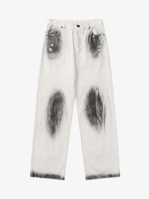 Straight Leg Jeans in Weiß mit schwarzem Spray-Dye – Weiß/Schwarz/Schwarz, Vorderseite flach | XoKool